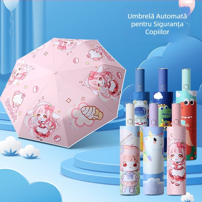 Umbrelă pentru copii, tri-fold, design desen animat, deschidere automată, 8 spițe din oțel, țesătură 190T