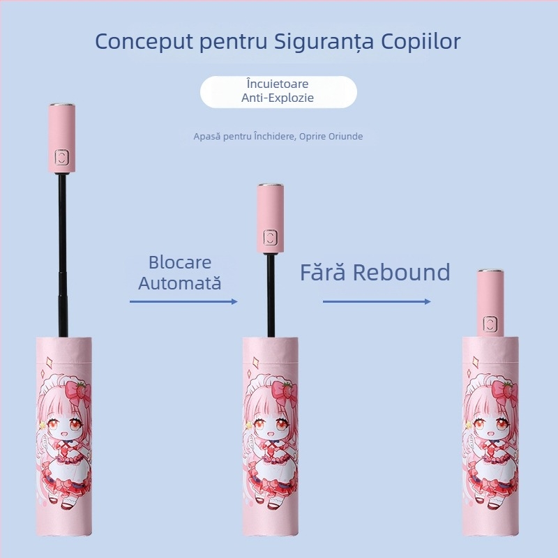 Umbrelă pentru copii, tri-fold, design desen animat, deschidere automată, 8 spițe din oțel, țesătură 190T