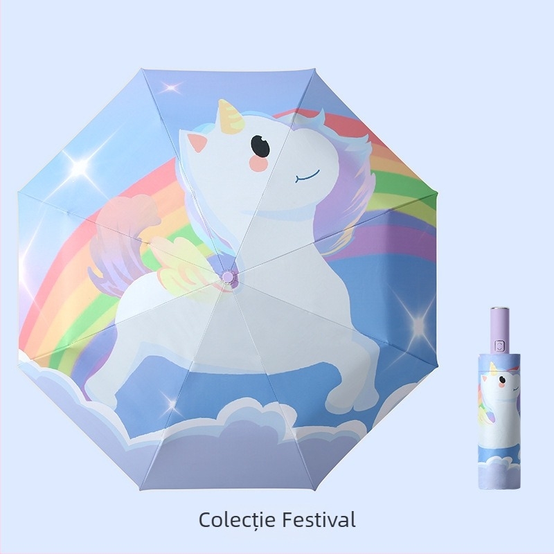 Umbrelă pentru copii, tri-fold, design desen animat, deschidere automată, 8 spițe din oțel, țesătură 190T