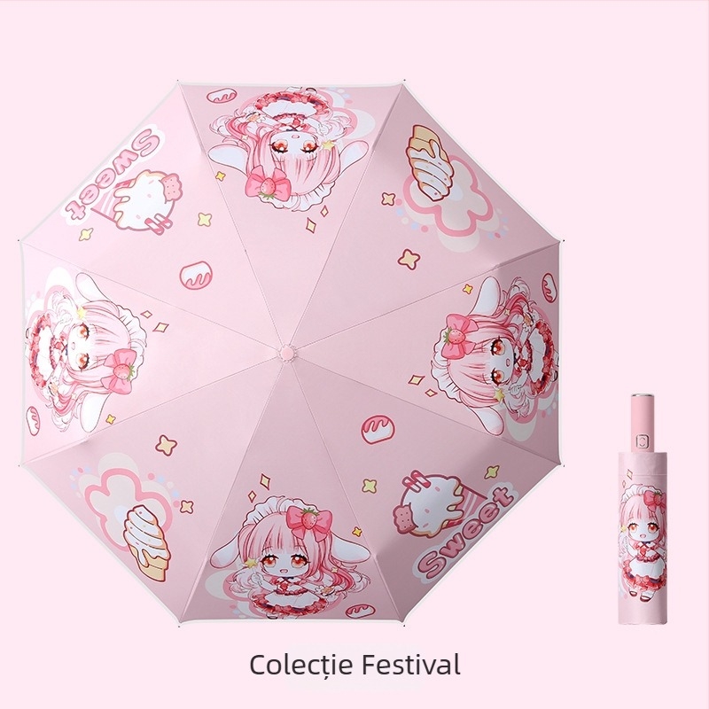 Umbrelă pentru copii, tri-fold, design desen animat, deschidere automată, 8 spițe din oțel, țesătură 190T