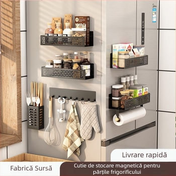 Cutie magnetică de depozitare folie cu raft lateral pentru frigider, montaj pe perete fără găuri, organizator bucătărie din oțel carbon