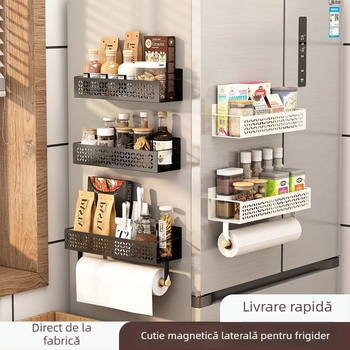 Cutie magnetică de depozitare folie cu raft lateral pentru frigider, montaj pe perete fără găuri, organizator bucătărie din oțel carbon