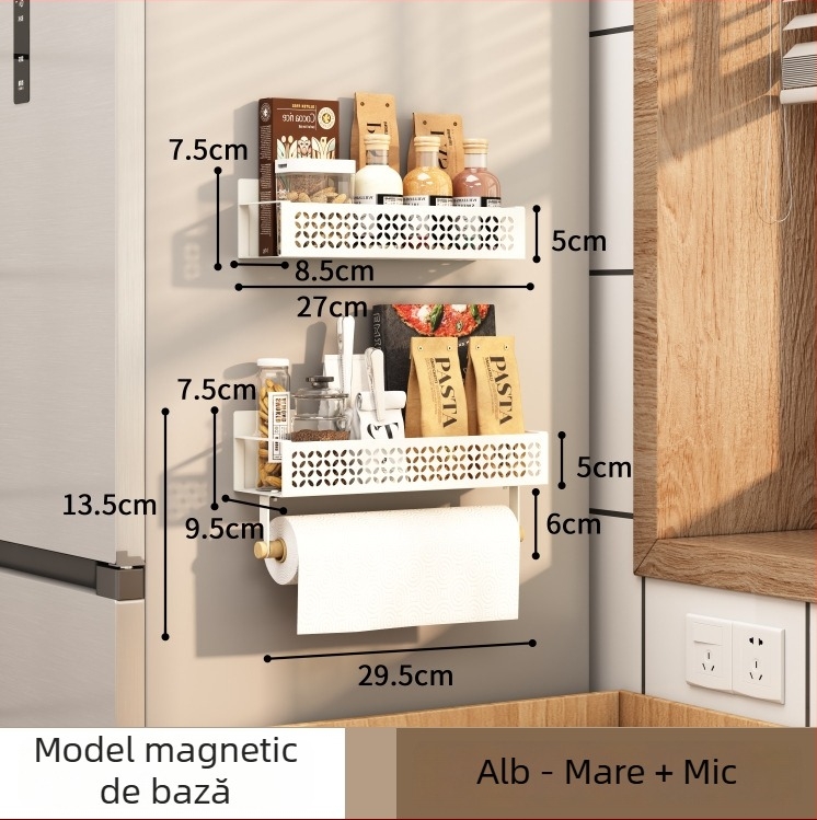 Cutie magnetică de depozitare folie cu raft lateral pentru frigider, montaj pe perete fără găuri, organizator bucătărie din oțel carbon