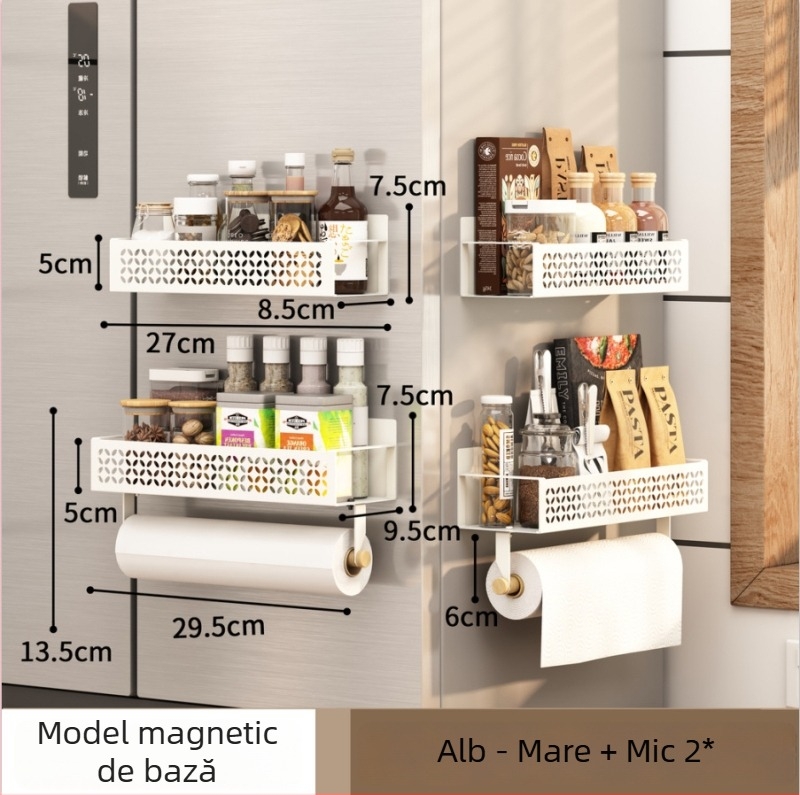 Cutie magnetică de depozitare folie cu raft lateral pentru frigider, montaj pe perete fără găuri, organizator bucătărie din oțel carbon