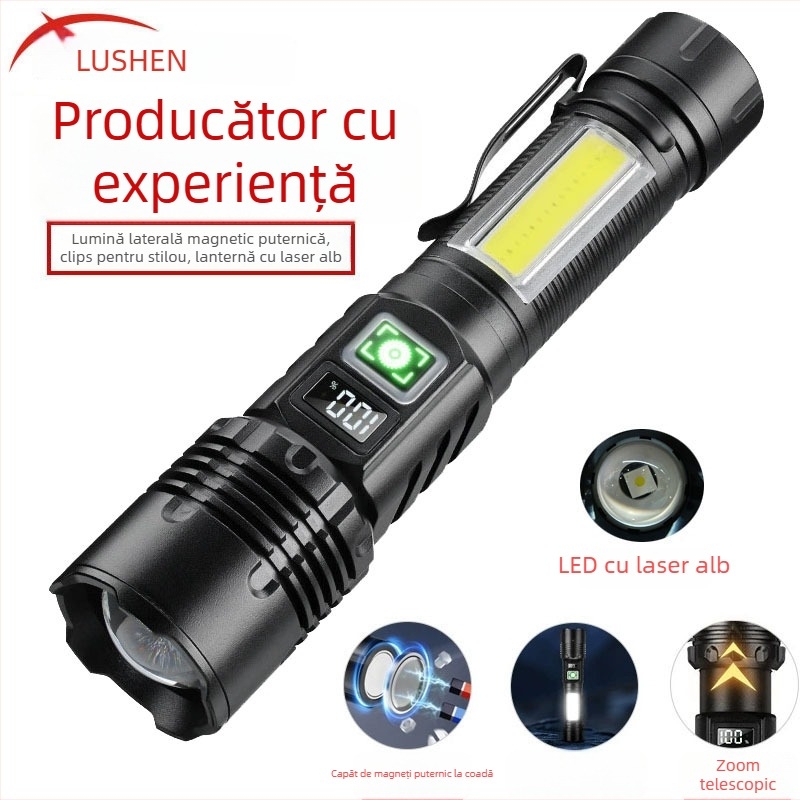 Lanternă LED cu iluminare laterală COB, clips magnetic pentru stilou, display LCD, 20W, baterie 1200mAh, reîncărcabil, lumină laser albă