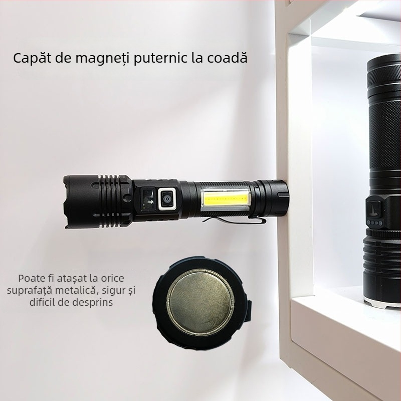 Lanternă LED cu iluminare laterală COB, clips magnetic pentru stilou, display LCD, 20W, baterie 1200mAh, reîncărcabil, lumină laser albă