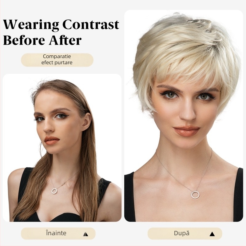 Perucă pentru femei, Sw161 model, stil exotic, păr scurt buclat, fibră de înaltă temperatură, breton parțial