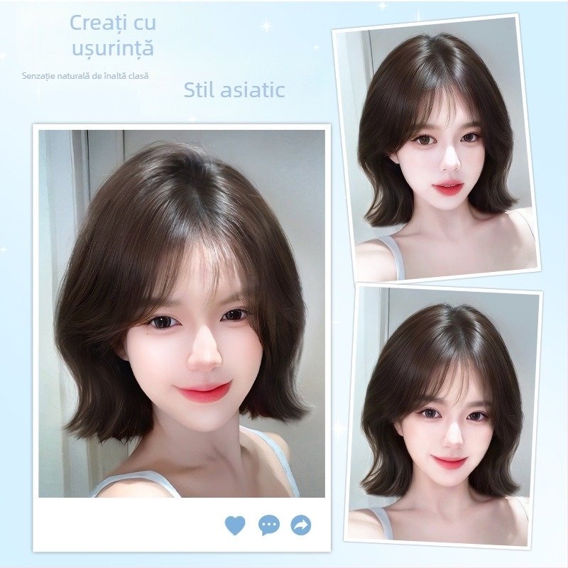 Perucă pentru femei, perucă completă cu păr scurt buclat, model Everted Short Hair; fibre rezistente la temperaturi înalte; proces mecanic; breton drept sau înclinat