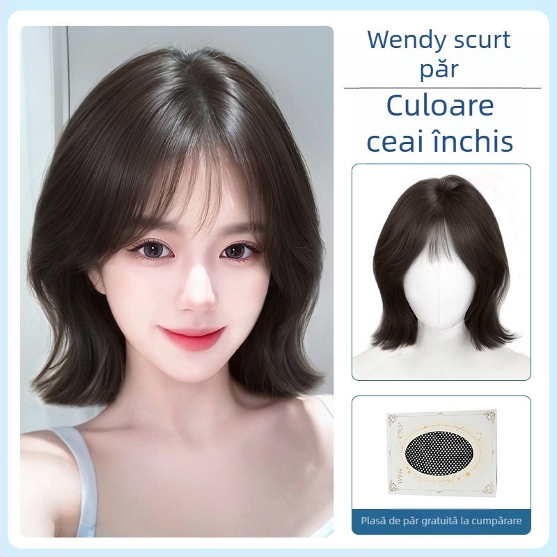 Perucă pentru femei, perucă completă cu păr scurt buclat, model Everted Short Hair; fibre rezistente la temperaturi înalte; proces mecanic; breton drept sau înclinat