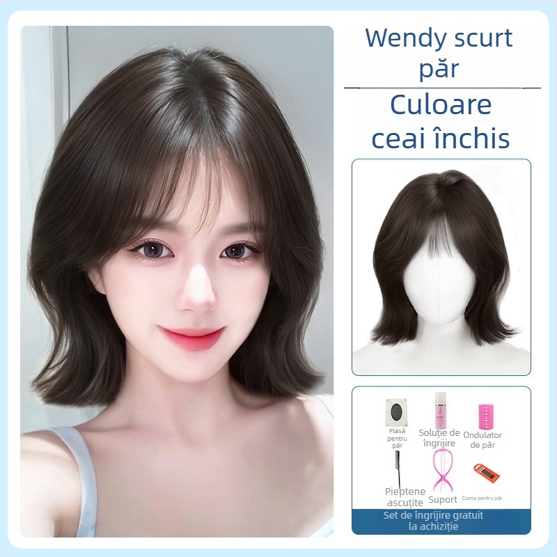 Perucă pentru femei, perucă completă cu păr scurt buclat, model Everted Short Hair; fibre rezistente la temperaturi înalte; proces mecanic; breton drept sau înclinat