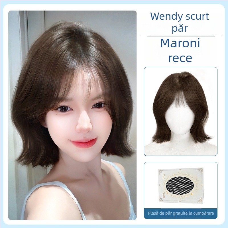 Perucă pentru femei, perucă completă cu păr scurt buclat, model Everted Short Hair; fibre rezistente la temperaturi înalte; proces mecanic; breton drept sau înclinat