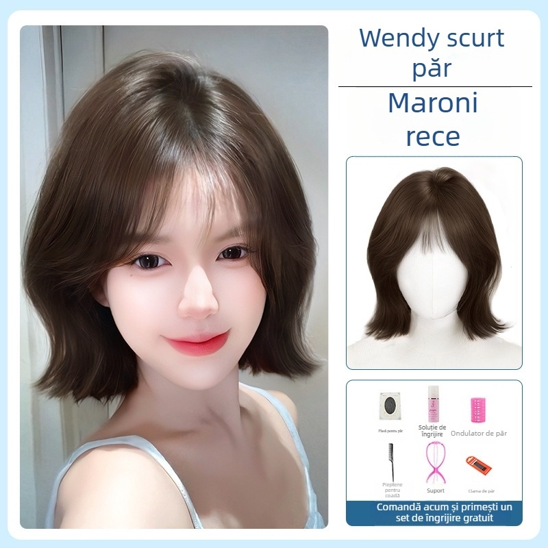 Perucă pentru femei, perucă completă cu păr scurt buclat, model Everted Short Hair; fibre rezistente la temperaturi înalte; proces mecanic; breton drept sau înclinat