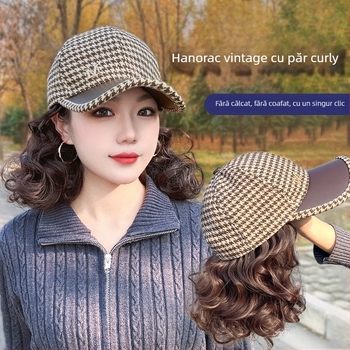 Șapcă cu perucă încorporată pentru femei, pălărie de iarnă cu perucă și păr buclat, model AT1316, stil simplu, păr din sârmă rezistentă la temperaturi înalte