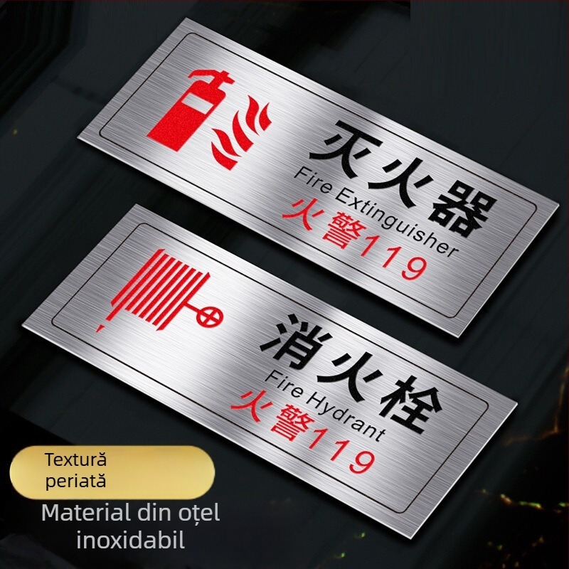 Semn din oțel inoxidabil pentru stingător de incendiu și utilizare hydrant – imprimare UV, pentru centre comerciale, hoteluri și birouri