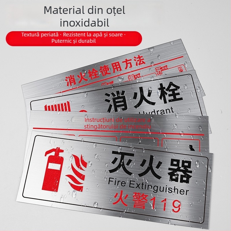 Semn din oțel inoxidabil pentru stingător de incendiu și utilizare hydrant – imprimare UV, pentru centre comerciale, hoteluri și birouri