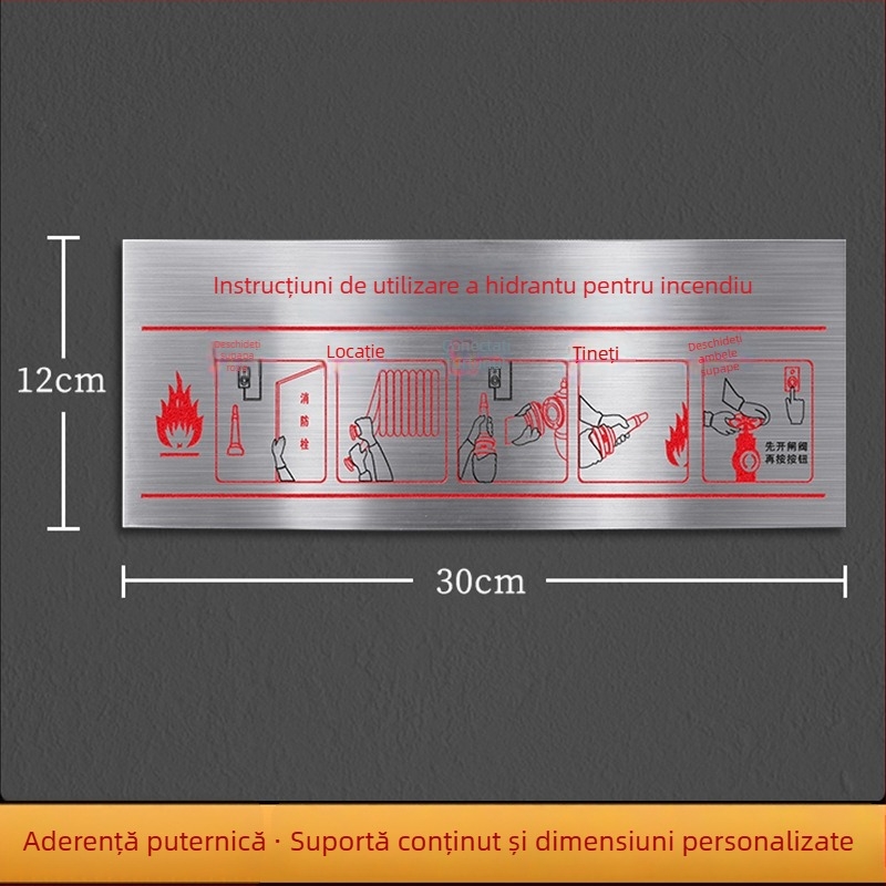 Semn din oțel inoxidabil pentru stingător de incendiu și utilizare hydrant – imprimare UV, pentru centre comerciale, hoteluri și birouri