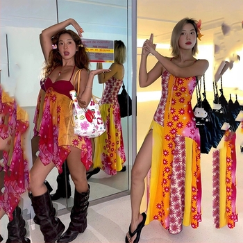 Rochie fără mâneci, imprimată din fibre de cânepă, cu bretele neregulate — stil street hipster, Quchi, vară 2022