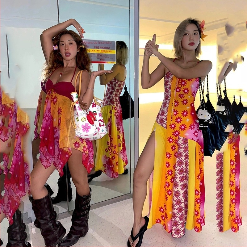 Rochie fără mâneci, imprimată din fibre de cânepă, cu bretele neregulate — stil street hipster, Quchi, vară 2022