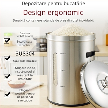 Recipient metalic pentru depozitare orez cu sigilare, rezistență la umezeală și dăunători; capacitate sub 4 L