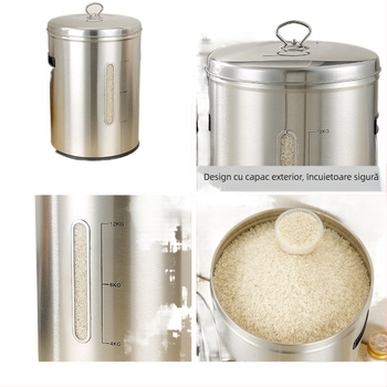 Recipient metalic pentru depozitare orez cu sigilare, rezistență la umezeală și dăunători; capacitate sub 4 L