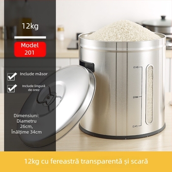 Recipient metalic pentru depozitare orez cu sigilare, rezistență la umezeală și dăunători; capacitate sub 4 L