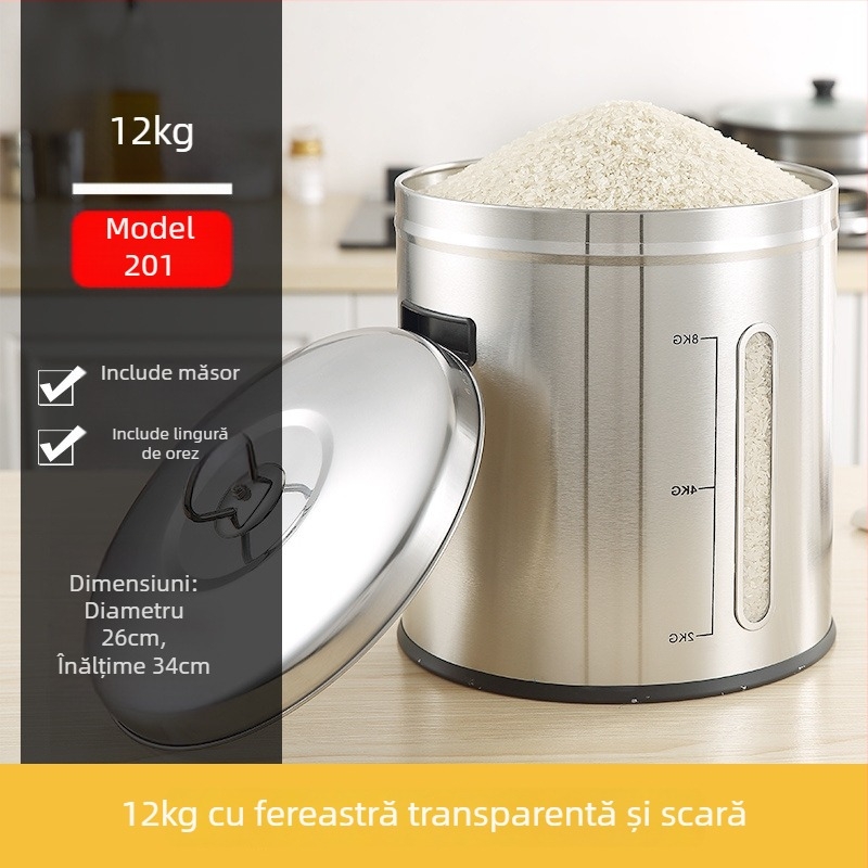 Recipient metalic pentru depozitare orez cu sigilare, rezistență la umezeală și dăunători; capacitate sub 4 L