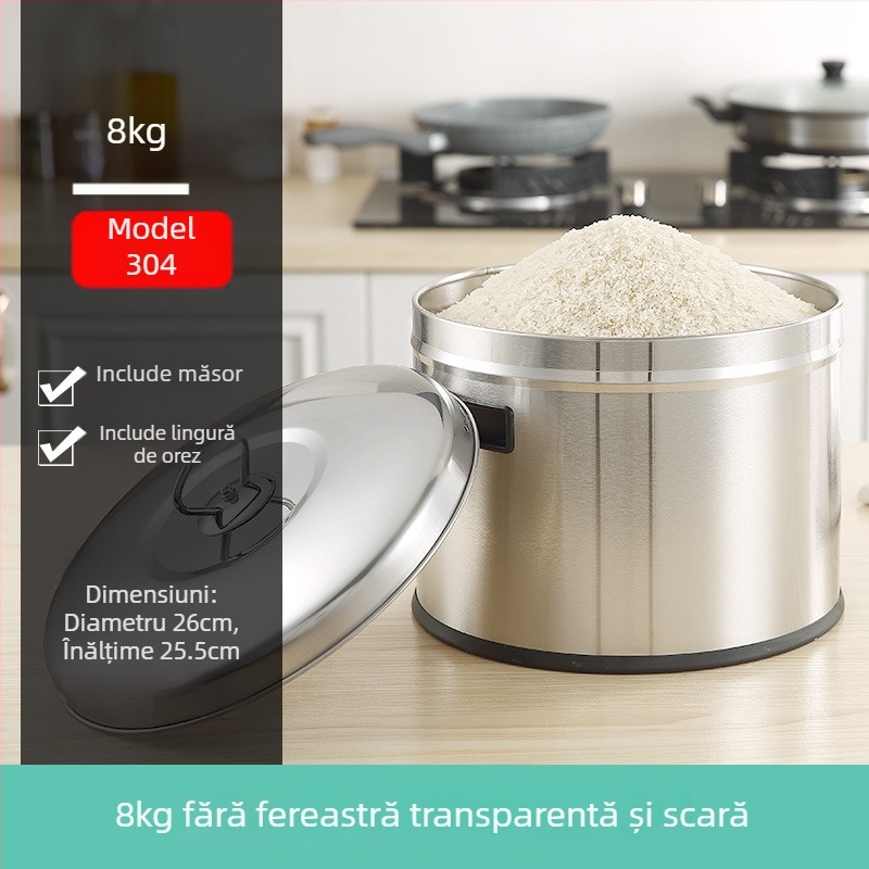 Recipient metalic pentru depozitare orez cu sigilare, rezistență la umezeală și dăunători; capacitate sub 4 L