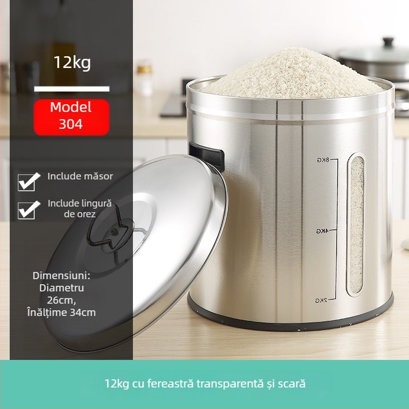 Recipient metalic pentru depozitare orez cu sigilare, rezistență la umezeală și dăunători; capacitate sub 4 L