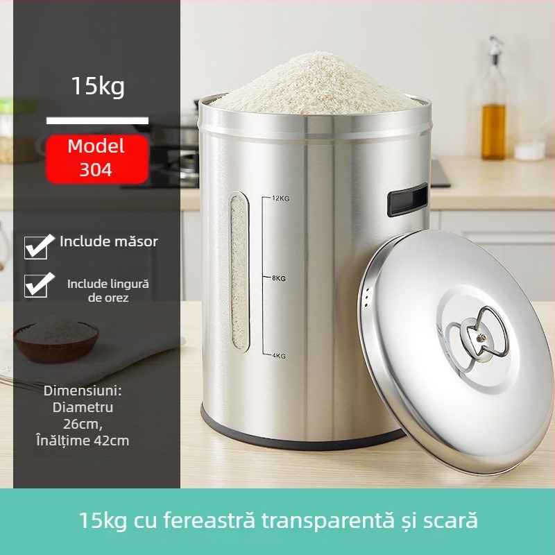 Recipient metalic pentru depozitare orez cu sigilare, rezistență la umezeală și dăunători; capacitate sub 4 L