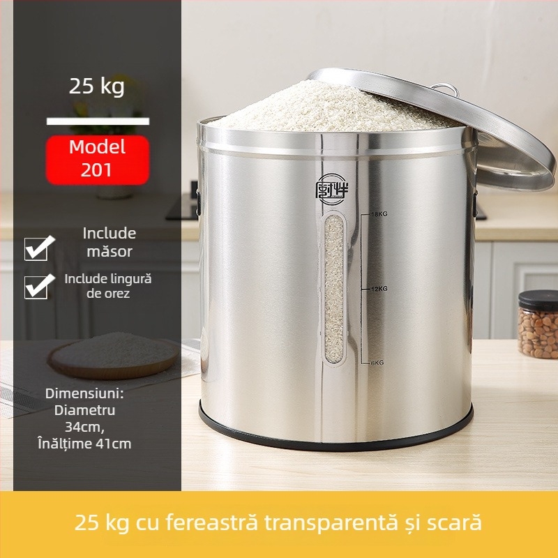 Recipient metalic pentru depozitare orez cu sigilare, rezistență la umezeală și dăunători; capacitate sub 4 L