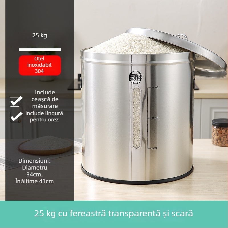 Recipient metalic pentru depozitare orez cu sigilare, rezistență la umezeală și dăunători; capacitate sub 4 L