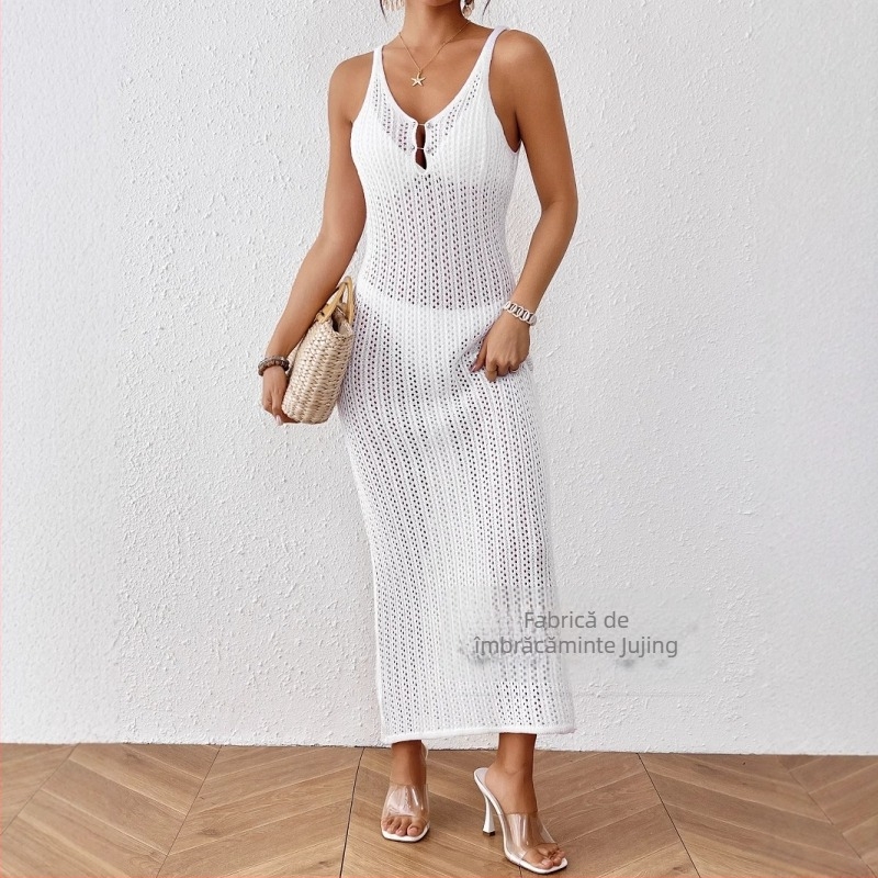 Rochie maxi cu decolteu în V, fără mâneci, tricot în dungă, textură decupată