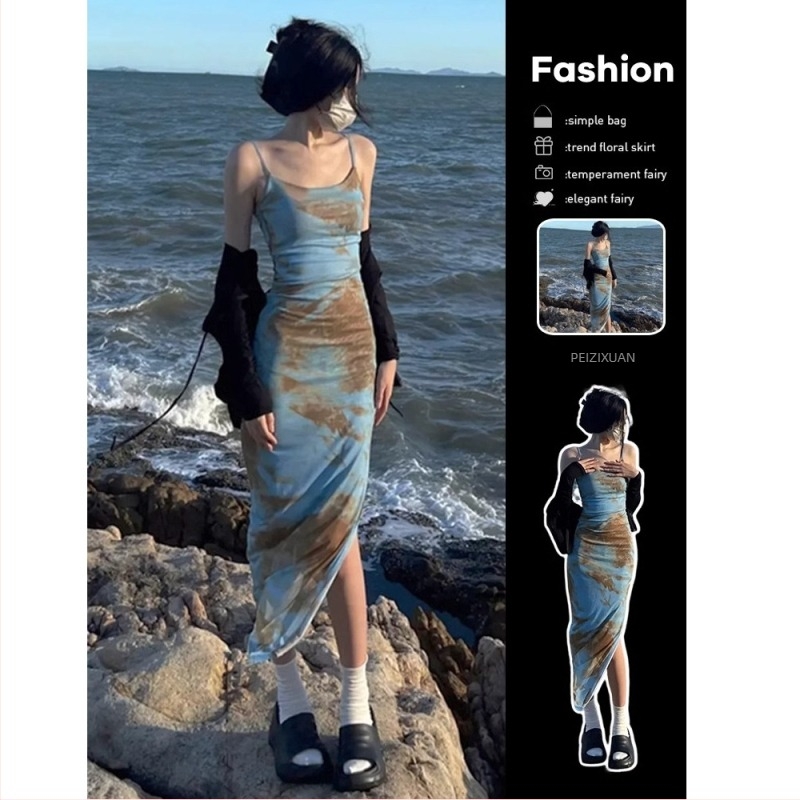 rochie midi A-line cu bretele spaghetti - poliester tie-dye, talie înaltă, vară 2025