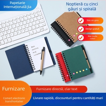 Bloc de notes cu legare în spirală, design cu cinci găuri pentru carduri și stilou, 60 pagini, hârtie 80 g/m²