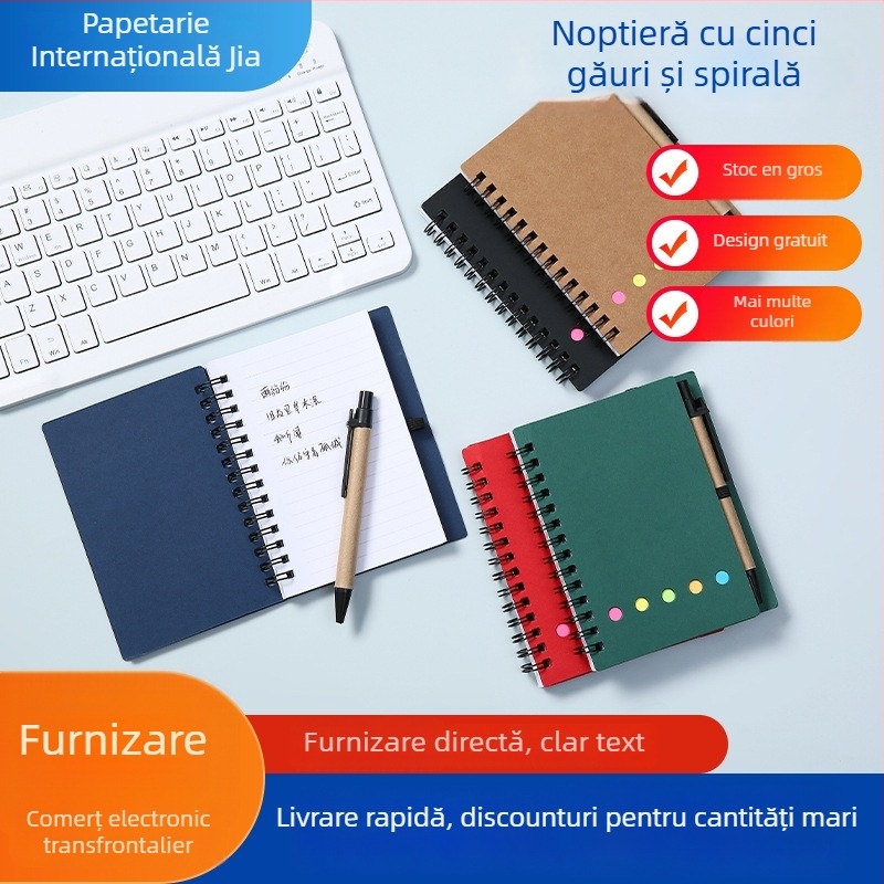 Bloc de notes cu legare în spirală, design cu cinci găuri pentru carduri și stilou, 60 pagini, hârtie 80 g/m²