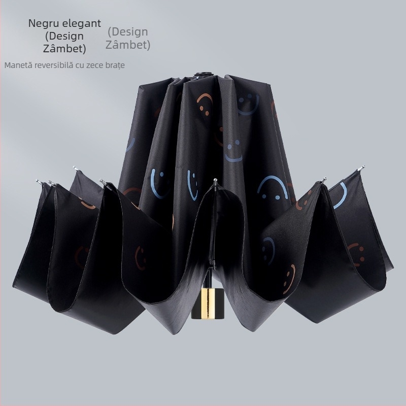 Umbrelă pentru ploaie și soare, cu 10 nervuri, design pliabil în trei, deschidere manuală, tijele și brațele din oțel, mâner din plastic, țesătură 190T cu acoperire din vinil, UPF >50