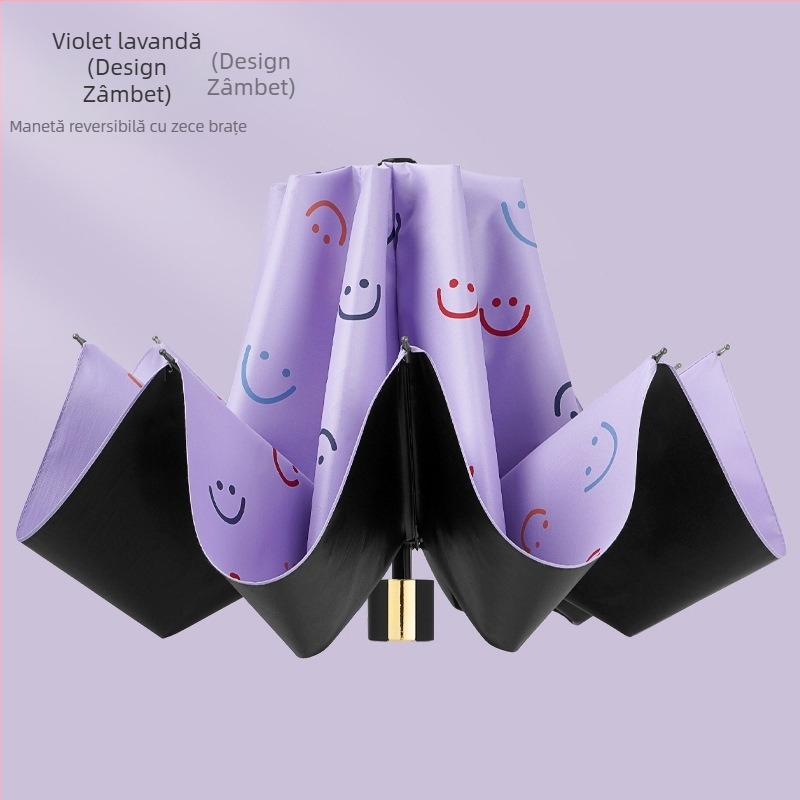 Umbrelă pentru ploaie și soare, cu 10 nervuri, design pliabil în trei, deschidere manuală, tijele și brațele din oțel, mâner din plastic, țesătură 190T cu acoperire din vinil, UPF >50