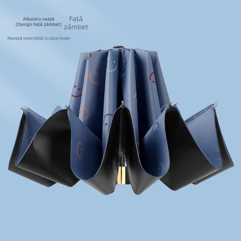 Umbrelă pentru ploaie și soare, cu 10 nervuri, design pliabil în trei, deschidere manuală, tijele și brațele din oțel, mâner din plastic, țesătură 190T cu acoperire din vinil, UPF >50