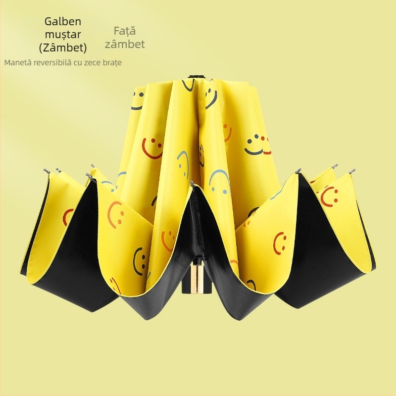 Umbrelă pentru ploaie și soare, cu 10 nervuri, design pliabil în trei, deschidere manuală, tijele și brațele din oțel, mâner din plastic, țesătură 190T cu acoperire din vinil, UPF >50