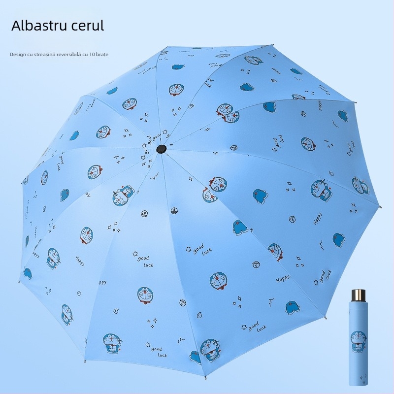 Umbrelă pentru ploaie și soare, cu 10 nervuri, design pliabil în trei, deschidere manuală, tijele și brațele din oțel, mâner din plastic, țesătură 190T cu acoperire din vinil, UPF >50