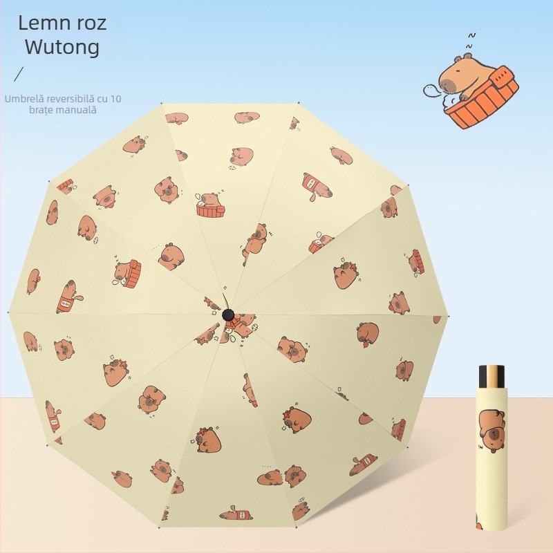 Umbrelă pentru ploaie și soare, cu 10 nervuri, design pliabil în trei, deschidere manuală, tijele și brațele din oțel, mâner din plastic, țesătură 190T cu acoperire din vinil, UPF >50