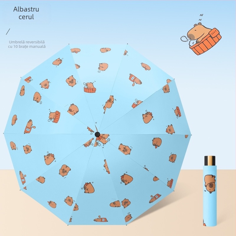 Umbrelă pentru ploaie și soare, cu 10 nervuri, design pliabil în trei, deschidere manuală, tijele și brațele din oțel, mâner din plastic, țesătură 190T cu acoperire din vinil, UPF >50