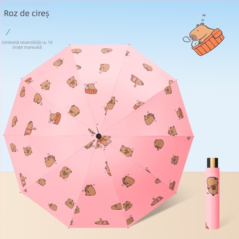 Umbrelă pentru ploaie și soare, cu 10 nervuri, design pliabil în trei, deschidere manuală, tijele și brațele din oțel, mâner din plastic, țesătură 190T cu acoperire din vinil, UPF >50