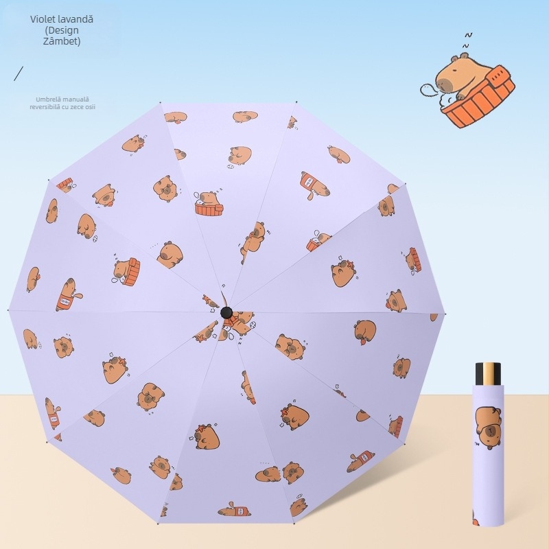 Umbrelă pentru ploaie și soare, cu 10 nervuri, design pliabil în trei, deschidere manuală, tijele și brațele din oțel, mâner din plastic, țesătură 190T cu acoperire din vinil, UPF >50