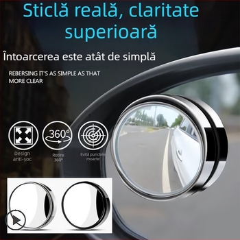 Oglindă Rotundă pentru Mașină Tetsuo, cu Vizor pentru Înapoi, Reglabilă la 360° pentru Unghi Larg în Zonele Moarte, Instalare Ușoară