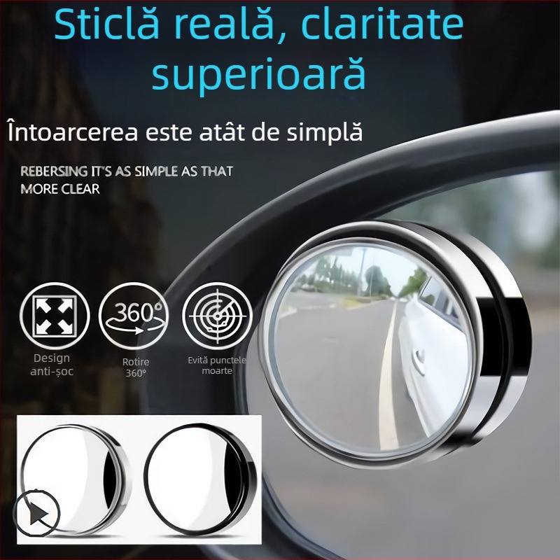 Oglindă Rotundă pentru Mașină Tetsuo, cu Vizor pentru Înapoi, Reglabilă la 360° pentru Unghi Larg în Zonele Moarte, Instalare Ușoară