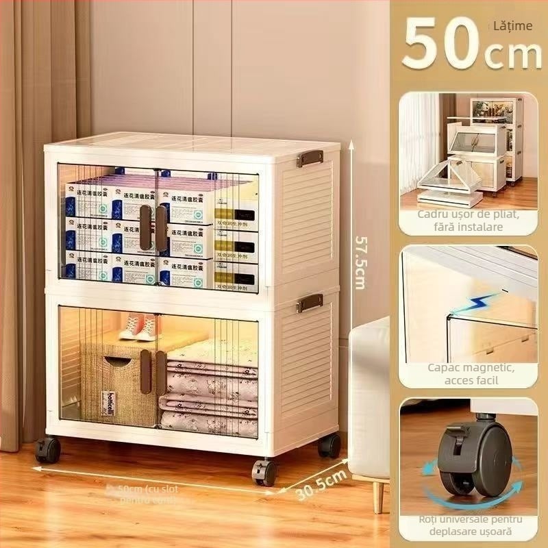 Dulap de depozitare din PP, cu capacitate mare, pliabil, cu roți — fără asamblare, model Locker, organizator multifuncțional, design simplu și modern pentru living și dormitor