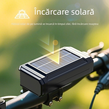 Far frontal solar pentru bicicletă, horn puternic pentru avertizare la plimbări în aer liber pe timp de noapte (încărcare USB-C, baterie 4000mAh, montaj prin suspensie)