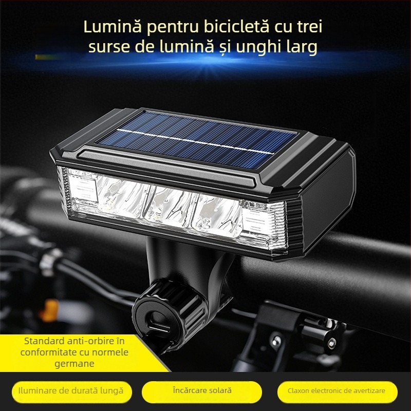Far frontal solar pentru bicicletă, horn puternic pentru avertizare la plimbări în aer liber pe timp de noapte (încărcare USB-C, baterie 4000mAh, montaj prin suspensie)