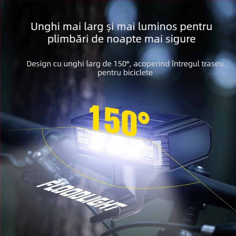 Far frontal solar pentru bicicletă, horn puternic pentru avertizare la plimbări în aer liber pe timp de noapte (încărcare USB-C, baterie 4000mAh, montaj prin suspensie)